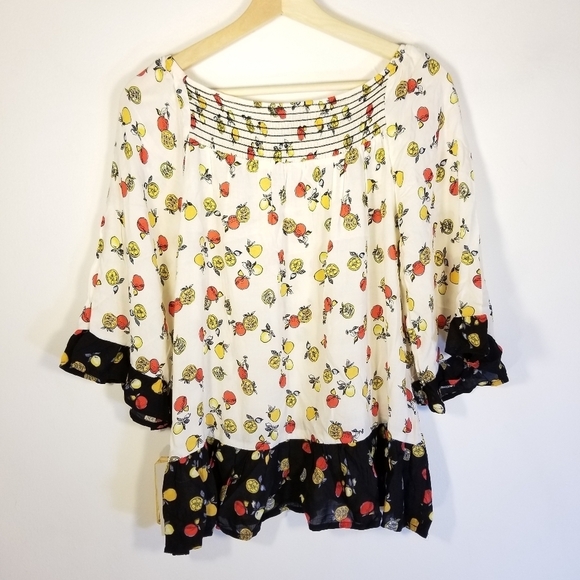 DEMOCRACY Fruit Print Top Smocked Ruffle Peplum Hem Women's Small Relaxed Cream - Picture 12 of 16
